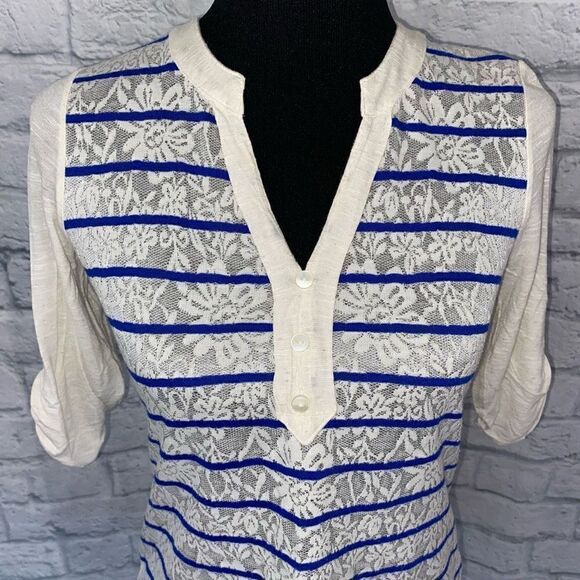 BCX women XS semi sheer 3/4 sleeve top w/floral and stripe print - Picture 3 of 10